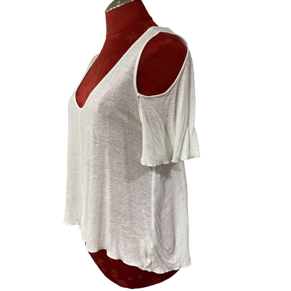 Free People Sheer White Slub Tee Shirt Top Cold Shoulder Short Sleeve Size S/P - Picture 2 of 8